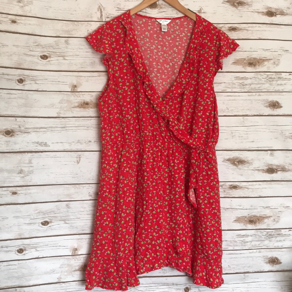 Arizona • red cherry print wrap ruffle dress